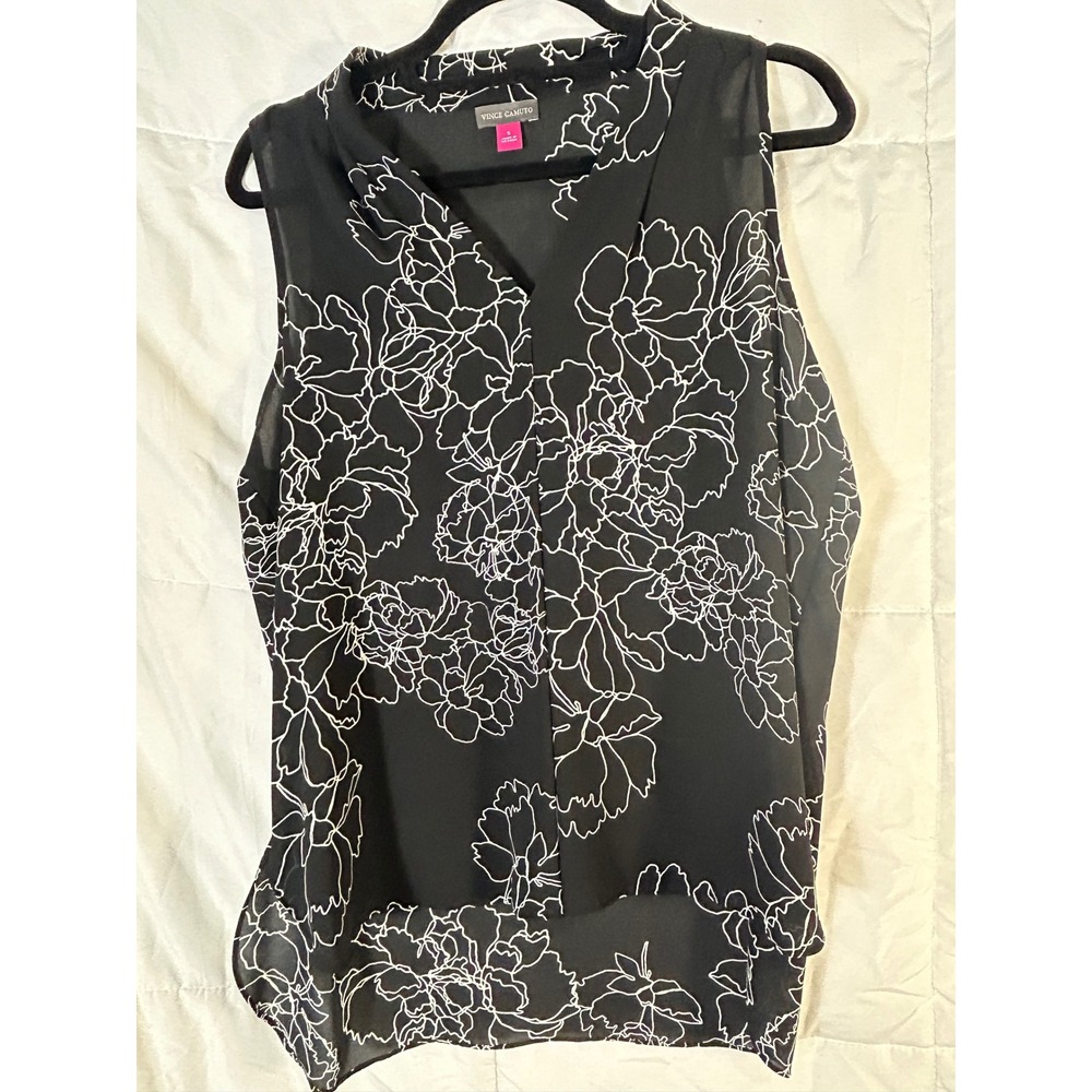 Vince Camuto Black White Floral Print Sleeveless V Neck Blouse Women's‎ Small